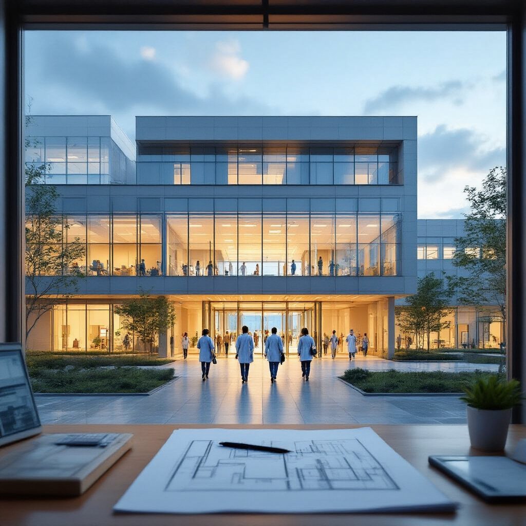 Create a realistic image of a completed modern hospital building with large windows and a welcoming entrance, showing architectural blueprints and a 3D model on a desk in the foreground, with medical professionals walking through the finished corridors visible through the glass façade, illuminated by natural daylight, representing the successful implementation of hospital design principles.